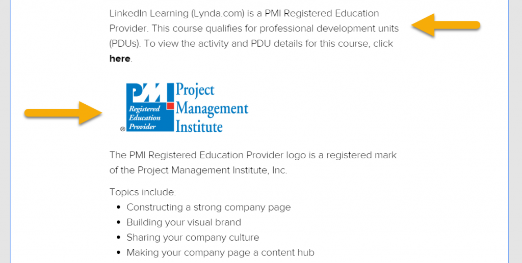 An example of a PMI-approved course on Lynda.com
